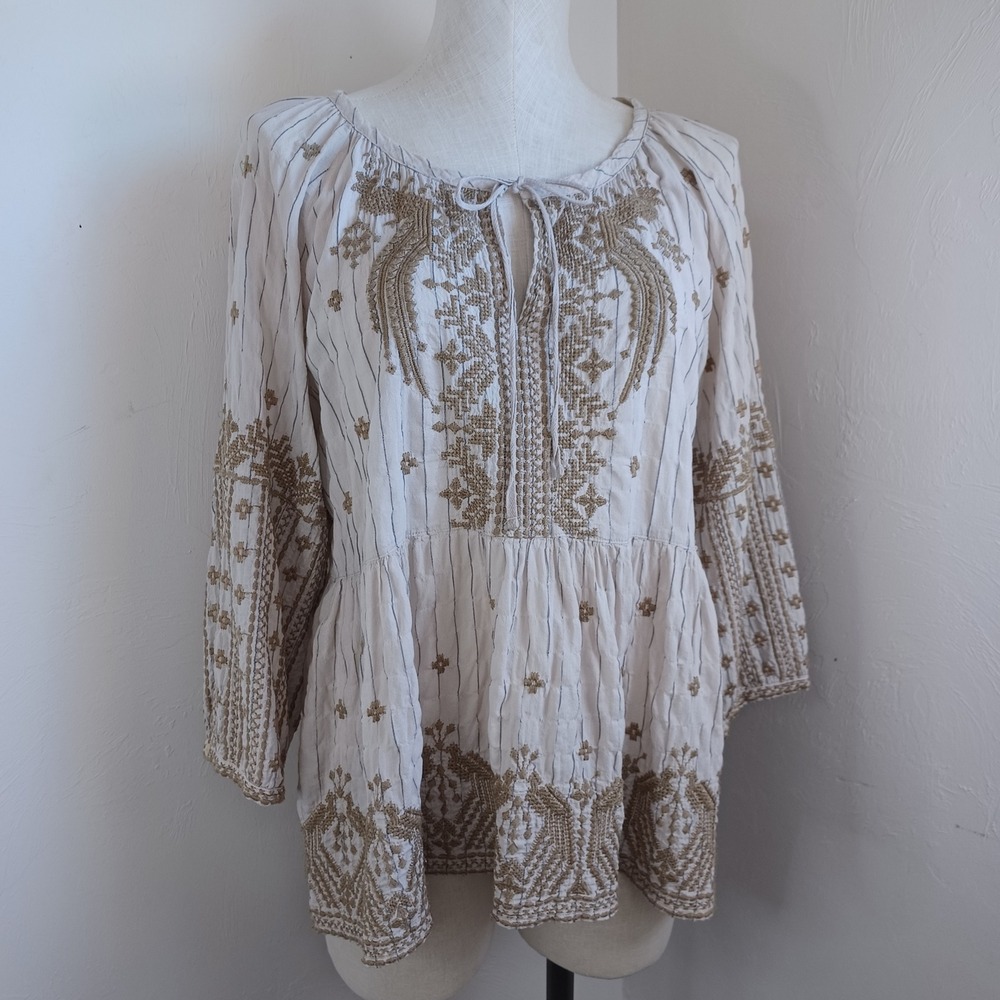 Johnny Was Workshop Embroidered Pinstripe Peasant Blouse Cream Tan Sz L - Picture 12 of 12
